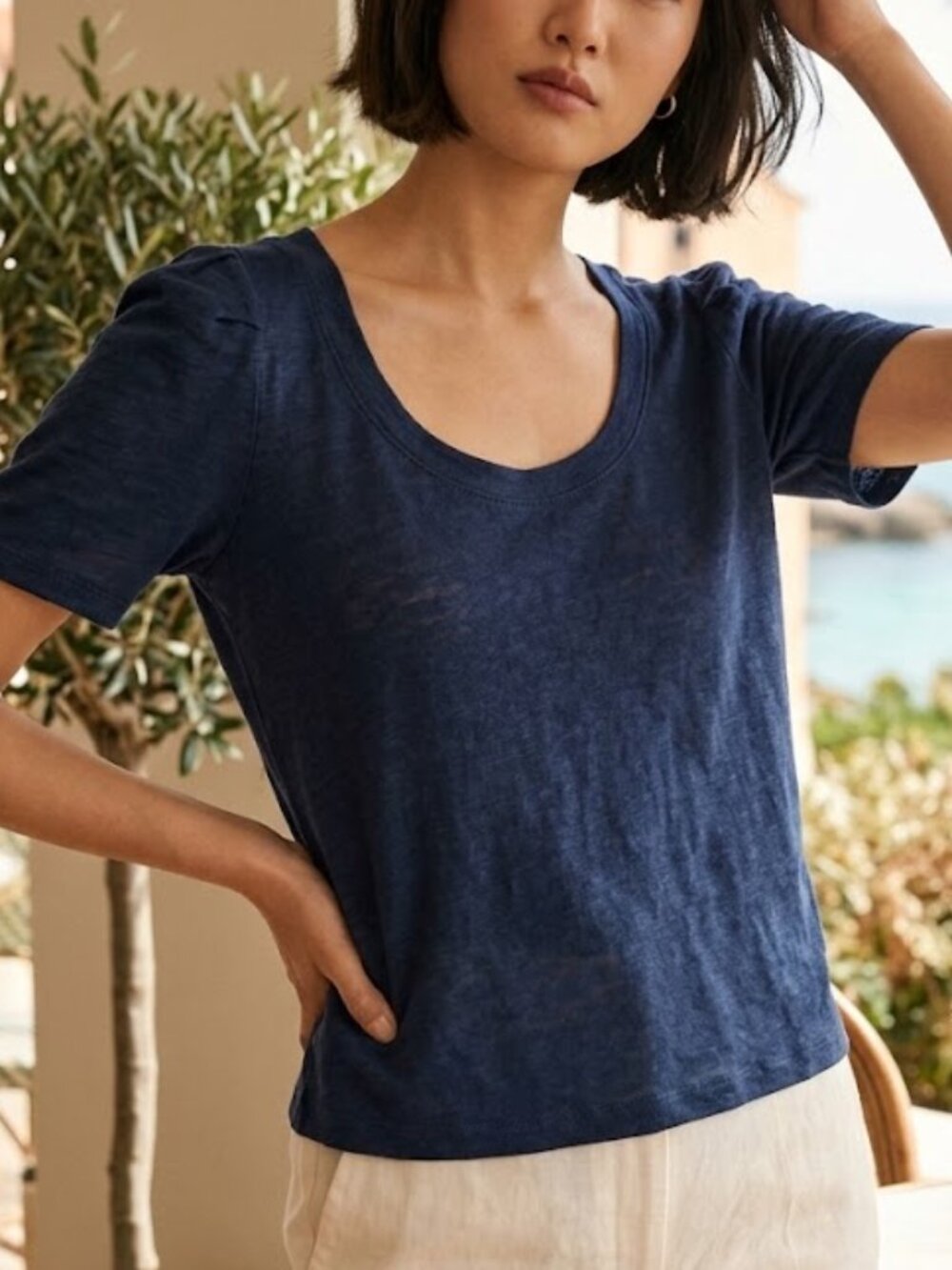 ZARA Trafaluc NWT 100% Linen Scoop Neck Puff Sleeve Tee Top Navy Blue Small